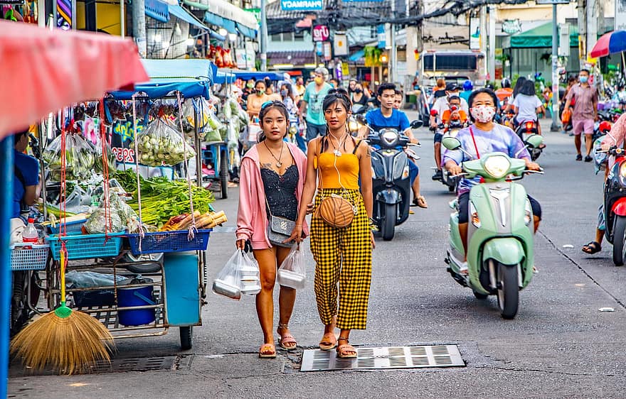 út, utca, piac, nők, emberek, tömeg, forgalom, thai, móka, vidám, emberi