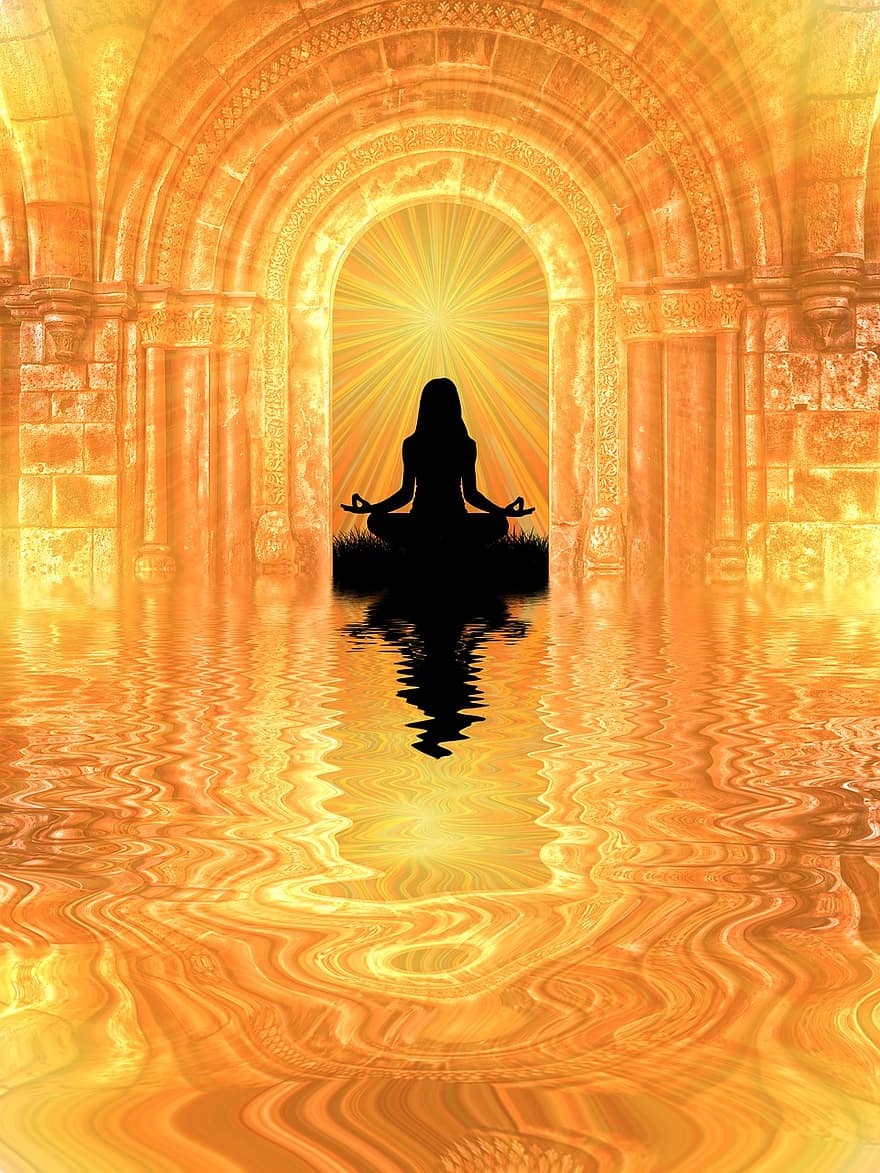 медитация, отражение, женщина, человек, со скрещенными ногами, заход солнца, волны, круги, центр, превосходство, трансцендентный
