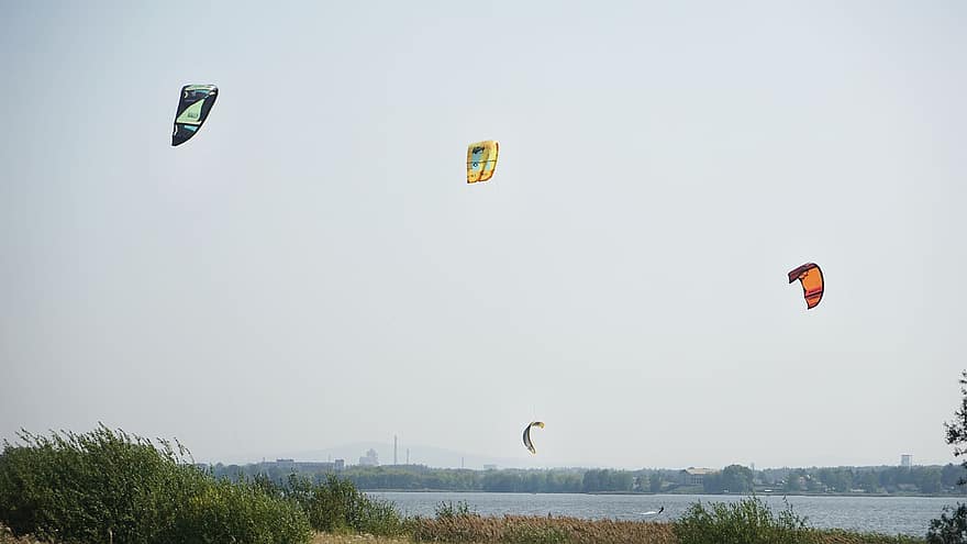 kitesurf, paracadute, lago, gli sport, avventura, sport acquatici, kiteboarding, natura