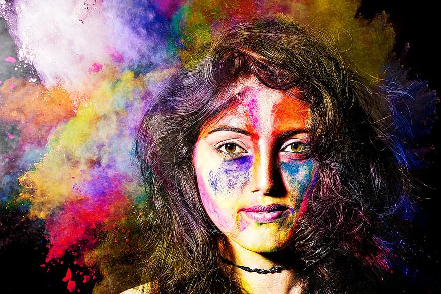 sieviete, pulveris, krāsas, holi, krāsains, sejas, hindu, svēts, kultūra, tradīcijas
