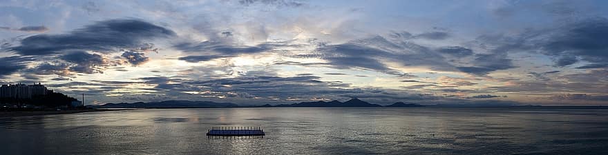 mar, crepúsculo, Corea del Sur, playa de dadaepo, busan, puesta de sol, panorama, paisaje, cielo