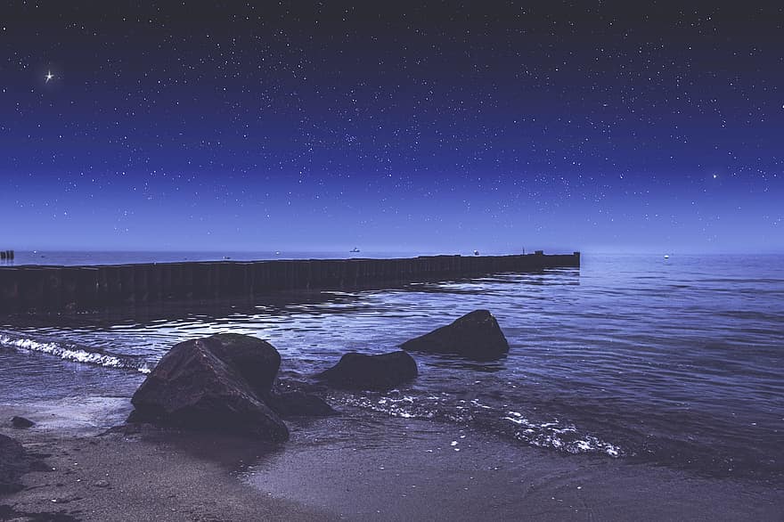 zee, pier, sterren, water, oceaan, sterrenhemel, nachtelijke hemel, nacht, avond, rotsen, kust-