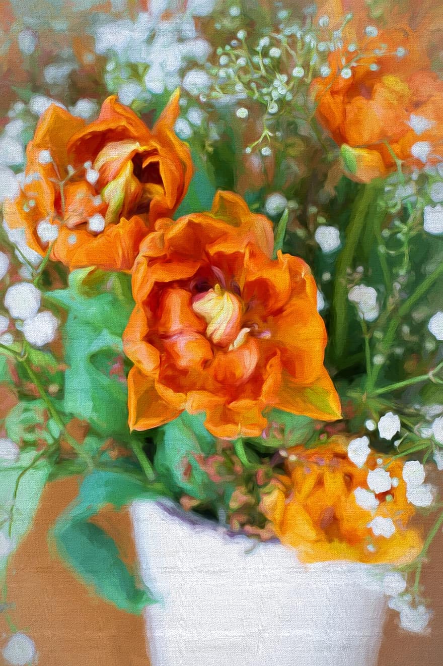 maleri, malet, blomster, tulipaner, maling, orange