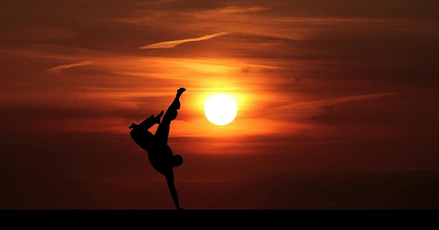 akrobat, západ slunce, aktivní, dobrodružství, atletický, bandon, péče, mraky, nebe, cvičení, dom