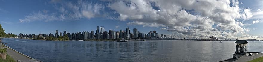 Vancouver, meri, siluetti, kaupunki, kaupunki-, panoraama, aamu, pilviä, kaupunkikuvan