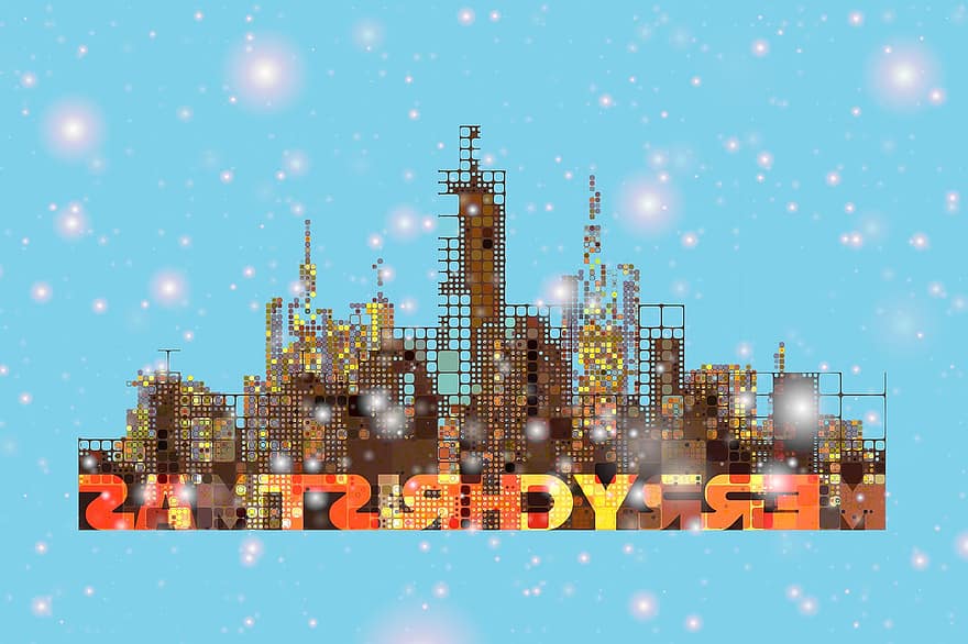 Buildings, Skycrapers, Skyline, Holidays, Christmas, Snowflakes, Snow, Greeting, Snowfall