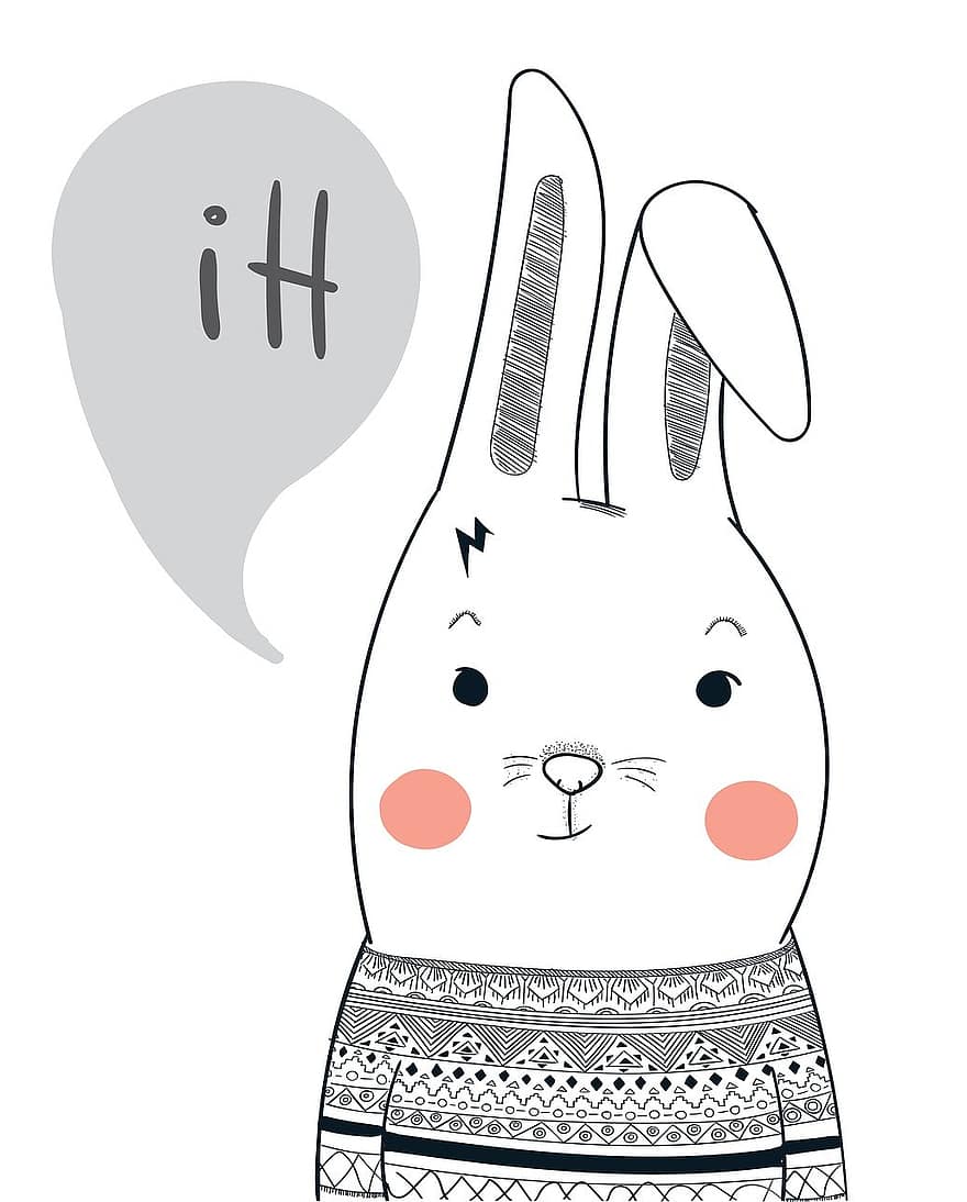 кролик, Привет, приветствие, уши кролика, кроличьи уши, приветствовать, мультфильм, животное, болван, рисование линий, штриховая графика