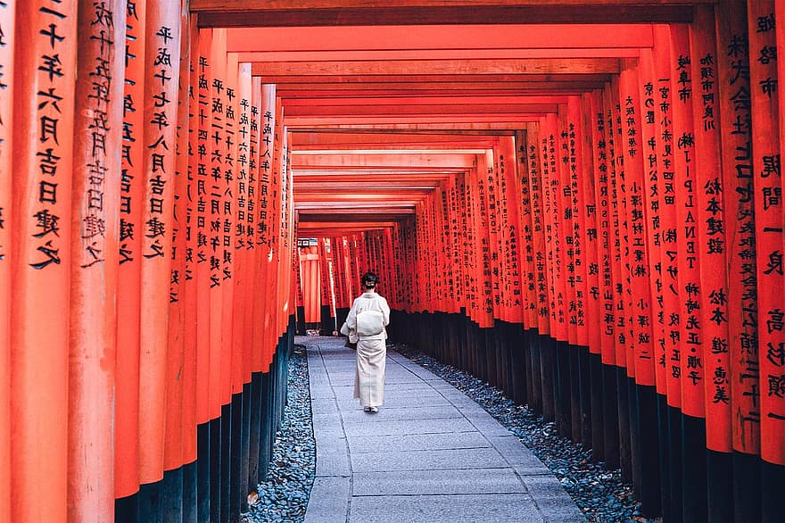 женщина, дорожка, кимоно, ходить, осень, японский язык, традиция, люди, культуры, японская национальность, японская культура