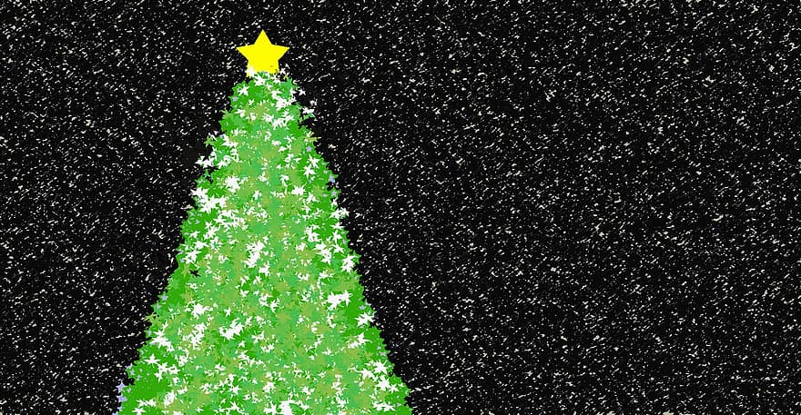 Karácsony, éjszaka, hóesés, fenyőfa, sötét, hó, háttér, csillag, megérkezés, éjszakai égbolt, grafikus