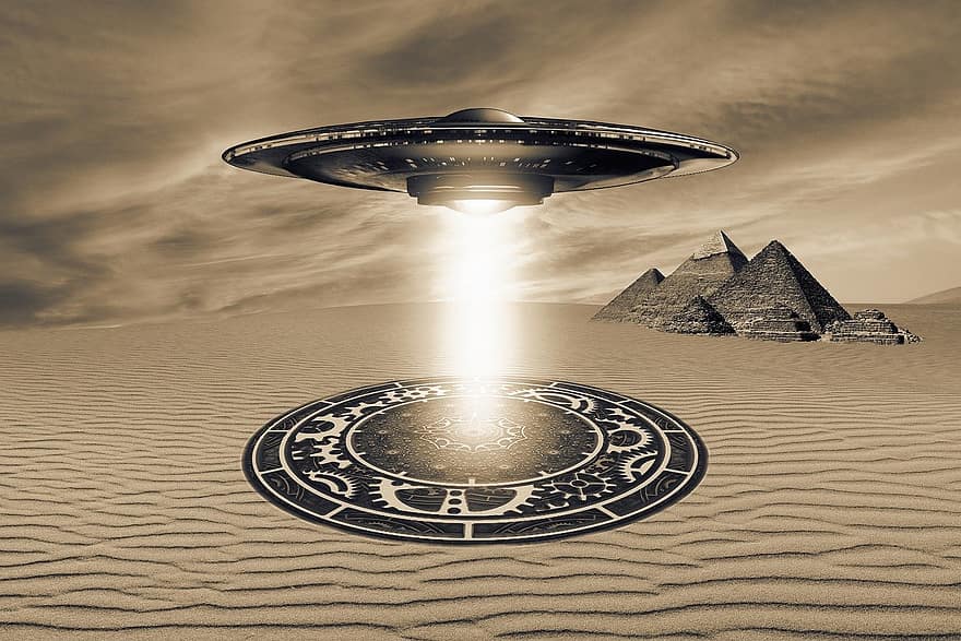 pyramide, ufo, romvesen, romskip, utenomjordisk, sand, ørken, symbol, fantasi