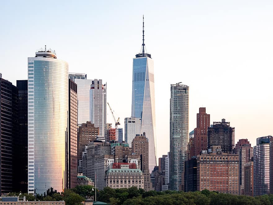 Manhattan, Miasto, Nowy Jork, sylwetka na tle nieba, nyc, Stany Zjednoczone, USA, pejzaż miejski, wieżowiec, miejska linia horyzontu, na zewnątrz budynku