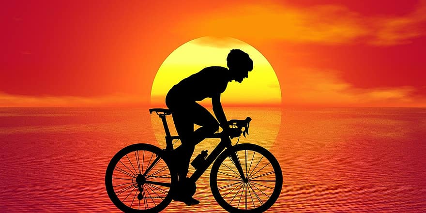 zonsondergang, zonsopkomst, fiets, landschap, natuur, oceaan, ochtend-, schemer, rivier-, reizen, fietsen