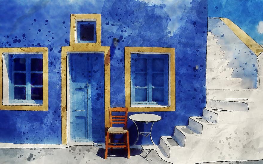 窓、家、ドア、テーブル、椅子、くつろぐ、青、建築、石、デジタル、アート