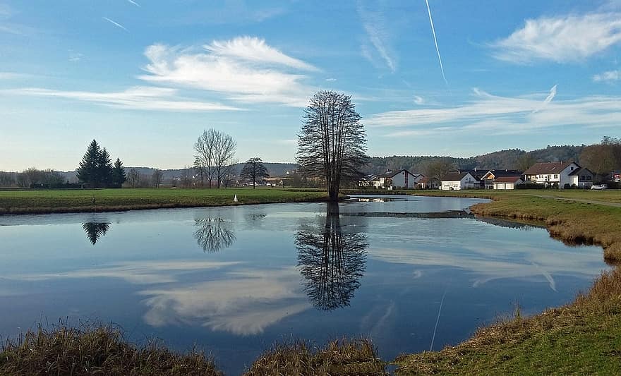 lagoa, reflexão, outono, niederbayern, agua, cena rural, panorama, verão, azul, grama, árvore