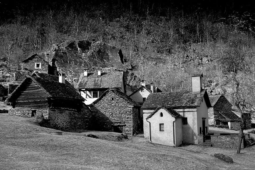 maisons en pierre, village, chapelle, Grange, campagne, rural, noir et blanc, vieux, chalet, toit, architecture