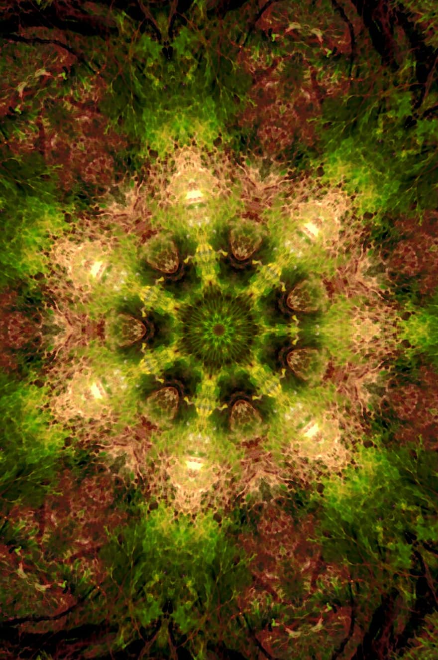 Mandala, abstract, model, fundal, tapet, colorat, frunziş, verde, galben, roșu, simetric