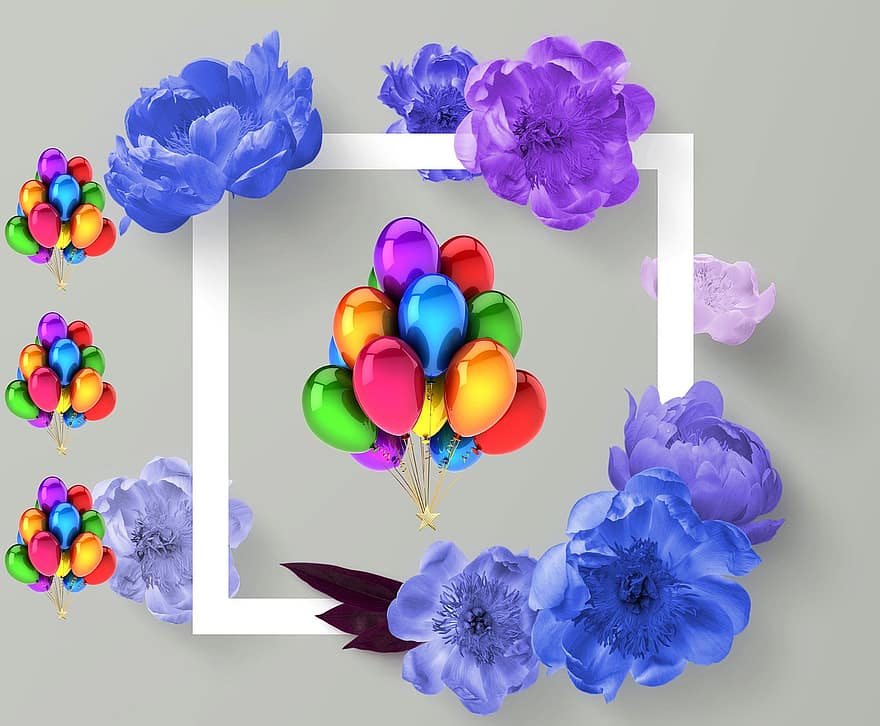 fleurs, ballon, couleurs, fleurs bleues, Cadre, flore, floral, Ballons chauds, frontière, Floraison, des ballons
