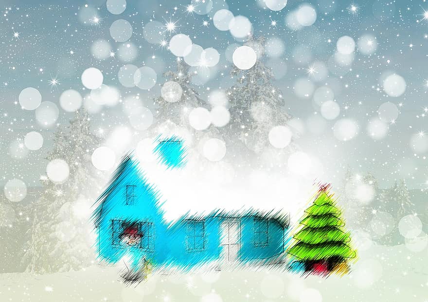 bokeh, hus, fyrretræ, snemand, jul, juletid, flare, lys, lykønskningskort, Perfekt, skinner