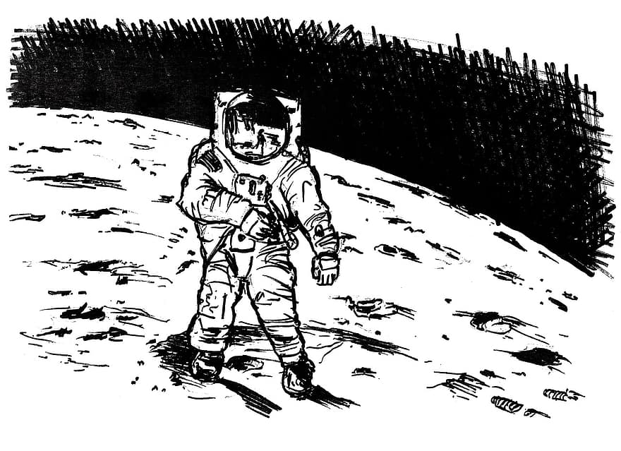 phi hành gia, người không gian, mặt trăng, không gian, bộ đồ không gian, nasa, bản phác thảo, đang vẽ