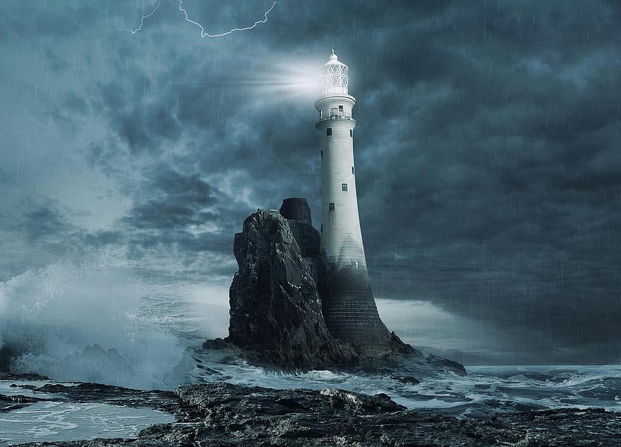 vuurtoren, rotsen, zee, golven, licht, storm, wolken, regen, hemel, dramatische hemel, fotomanipulatie