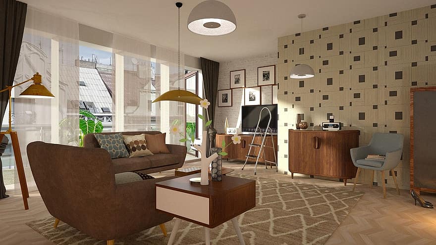 obývací pokoj, židle, tapeta na zeď, nábytek, gauč, interiér, Domov, pokoj, místnost, být, moderní, stůl