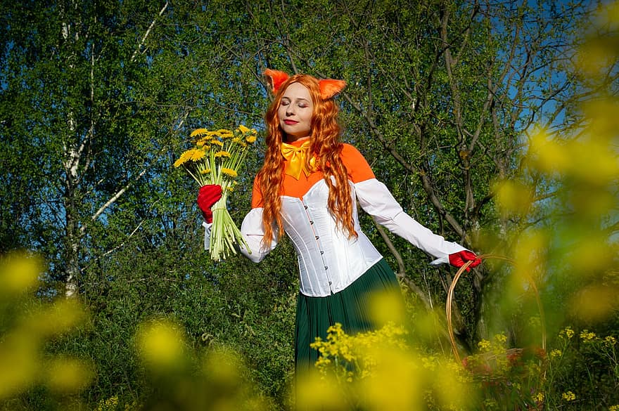 Fox, Cosplay, Forest, Glade, Flowers, Chanterelle, Pick Flowers, Basket, Costume, Beasts, Fantasy