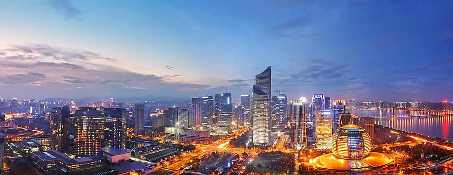 Hangzhou-Stadt, Nacht-, Stadt, Gebäude, städtisch, Horizont, Wolkenkratzer, Beleuchtung, die Architektur, Stadtbild, städtische Skyline