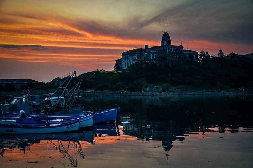 solnedgang, båter, havn, kyst, shore, Sozopol