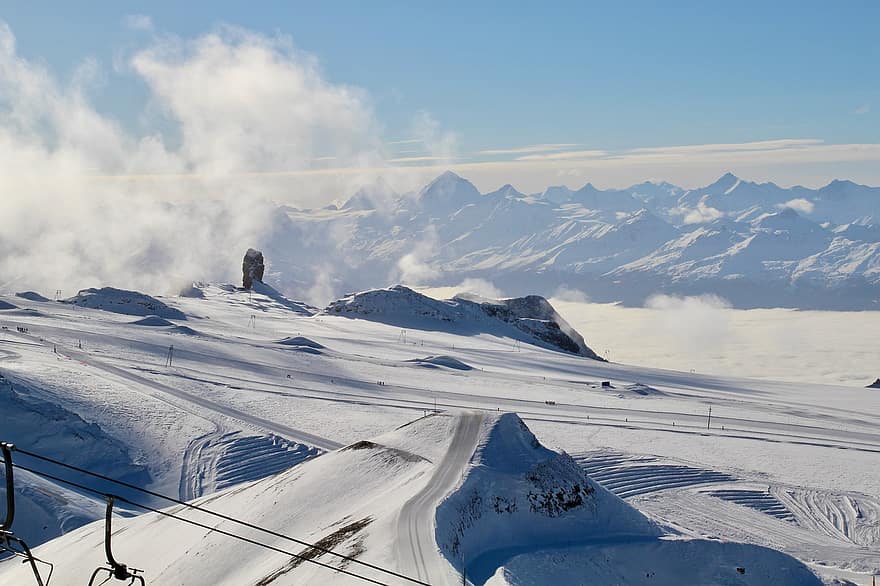 bergen, snö, landskap, alpin, alperna, vinter-, moln, dimma, bergskedja, schweiz