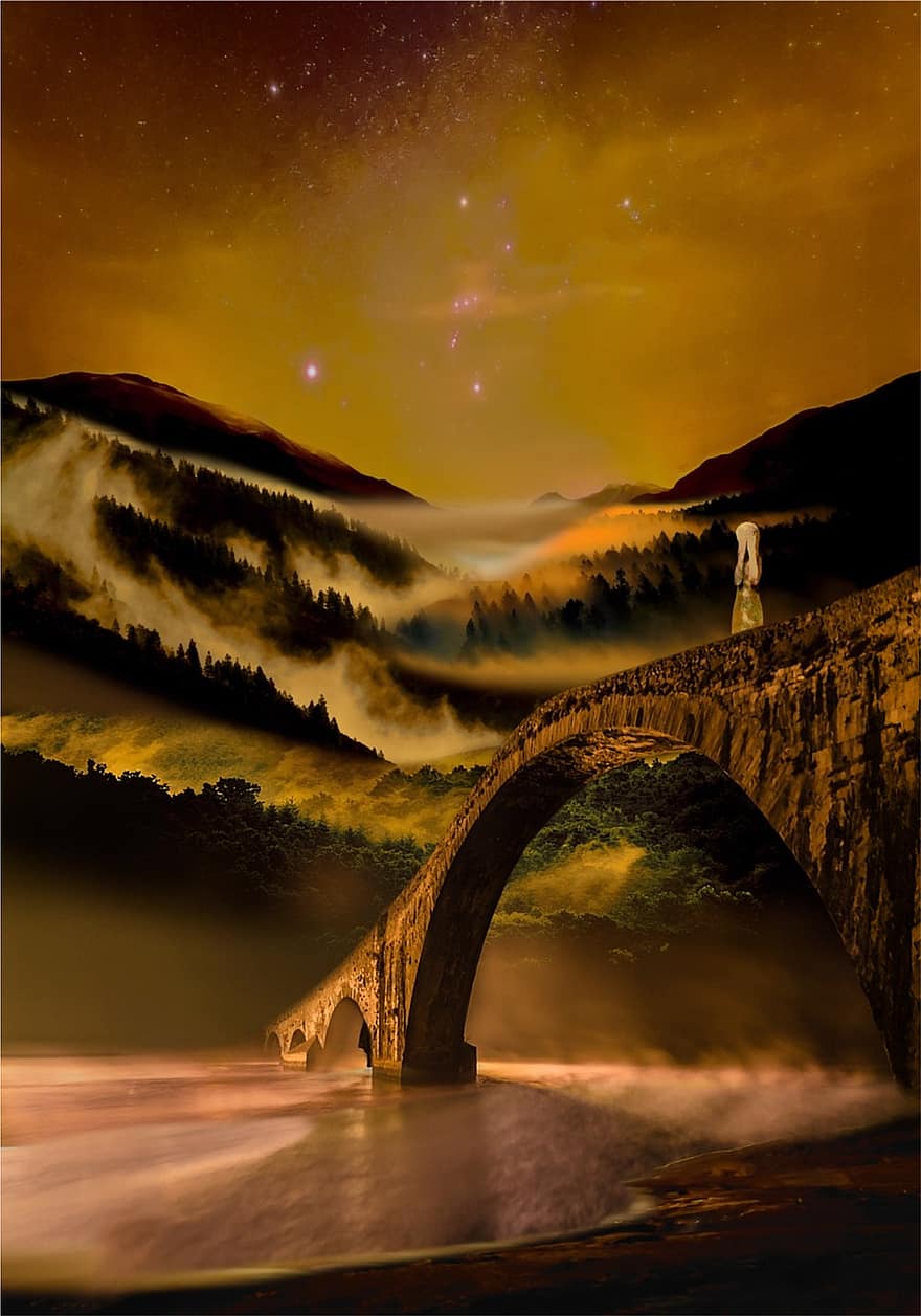 A sajnálkozás hídja, híd, megbánás, bűntudat, éjszaka, az eszméletlen, ég, csillagok, köd, folyó, ív
