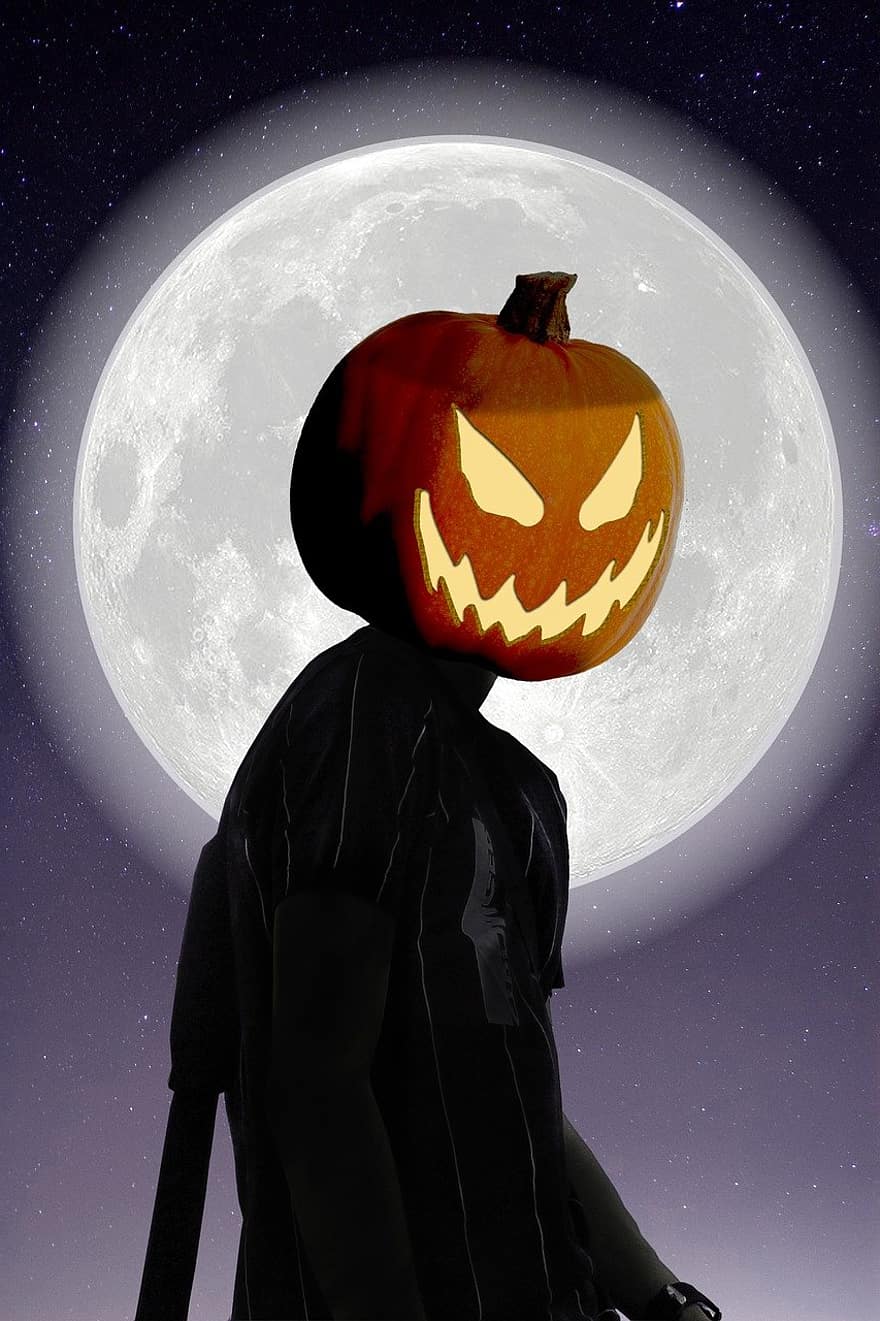 Jack-o'-lantern, Halloween, Moon, Moonlight, Pumpkin, Pumpkin Head, Man, Creature