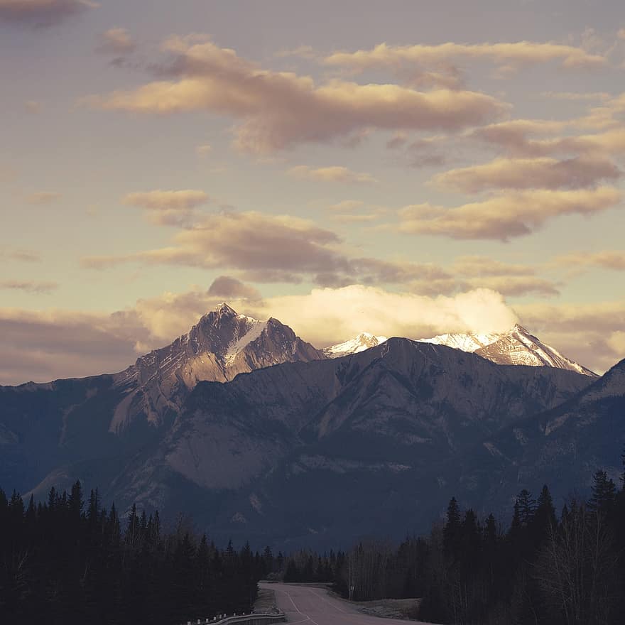 fjell, solnedgang, steinete, jaspis, Alberta, falle, høst, skyer, himmel, skyet, blå