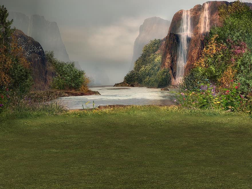 Background, Composing, Water, Waterfall, Meadow, Flowers