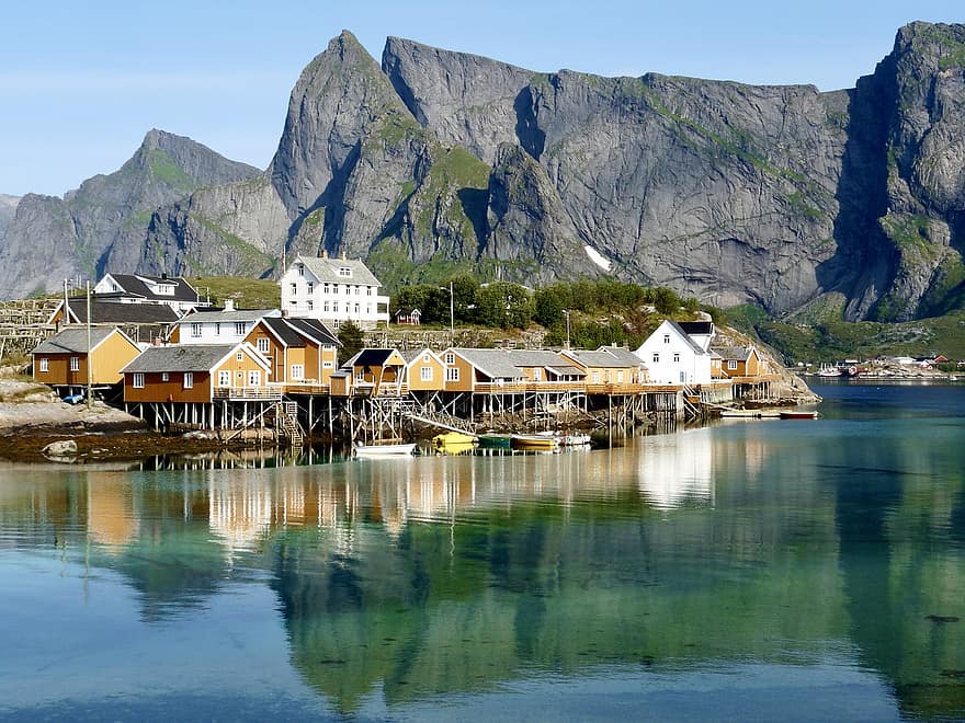 ロフォーテン、ロルブ、海、港、ノルウェー、スカンジナビア、漁村、村、漁師の家、ボート、小屋
