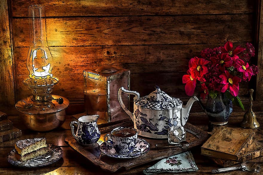 حلويات شاي سناكس ، مصباح ، شاي ، وجبة خفيفة ، كيك ، طعام ، كلاسيكي ، قديم ، عتيق ، يشعر ، نظرة