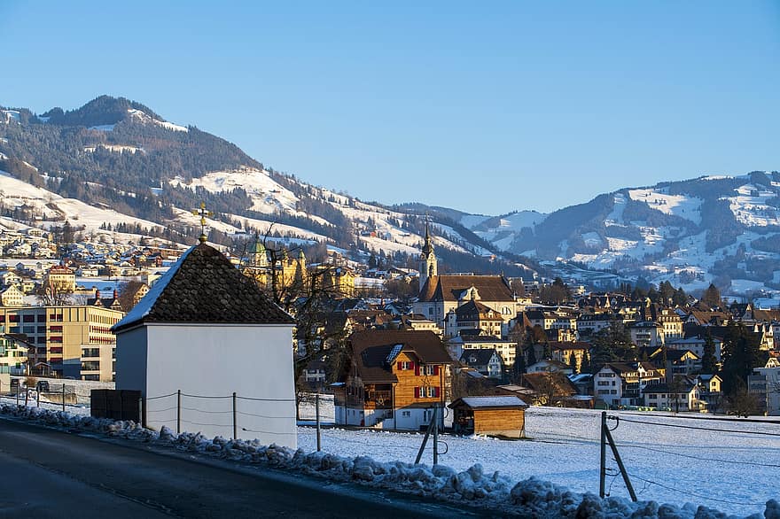 domy, kabiny, wioska, śnieg, zimowy, wieczór, Szwajcaria, Góra, krajobraz, lód, dach