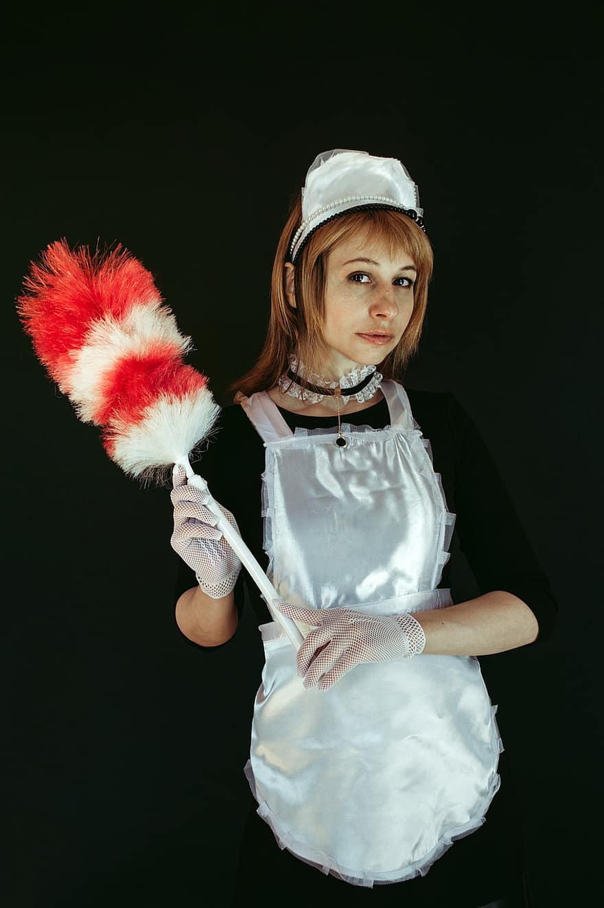 Maid, Uniform, Apron, Pipidaster, Cleaning Brush, Cosplay, Girl, Woman, Cap, Housekeeper, Pose