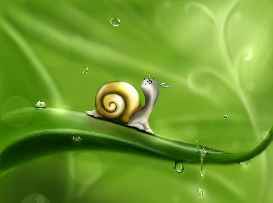 Snail, Drops, Rain, Drawing, Green, Weather, Animal, Cute, Green Rain, Green Animals