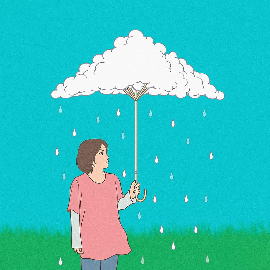 Karikatur, Malerei, Fantasie, Kreativität, Illustrator, Märchen, Regen, Regenschirm, Wolke