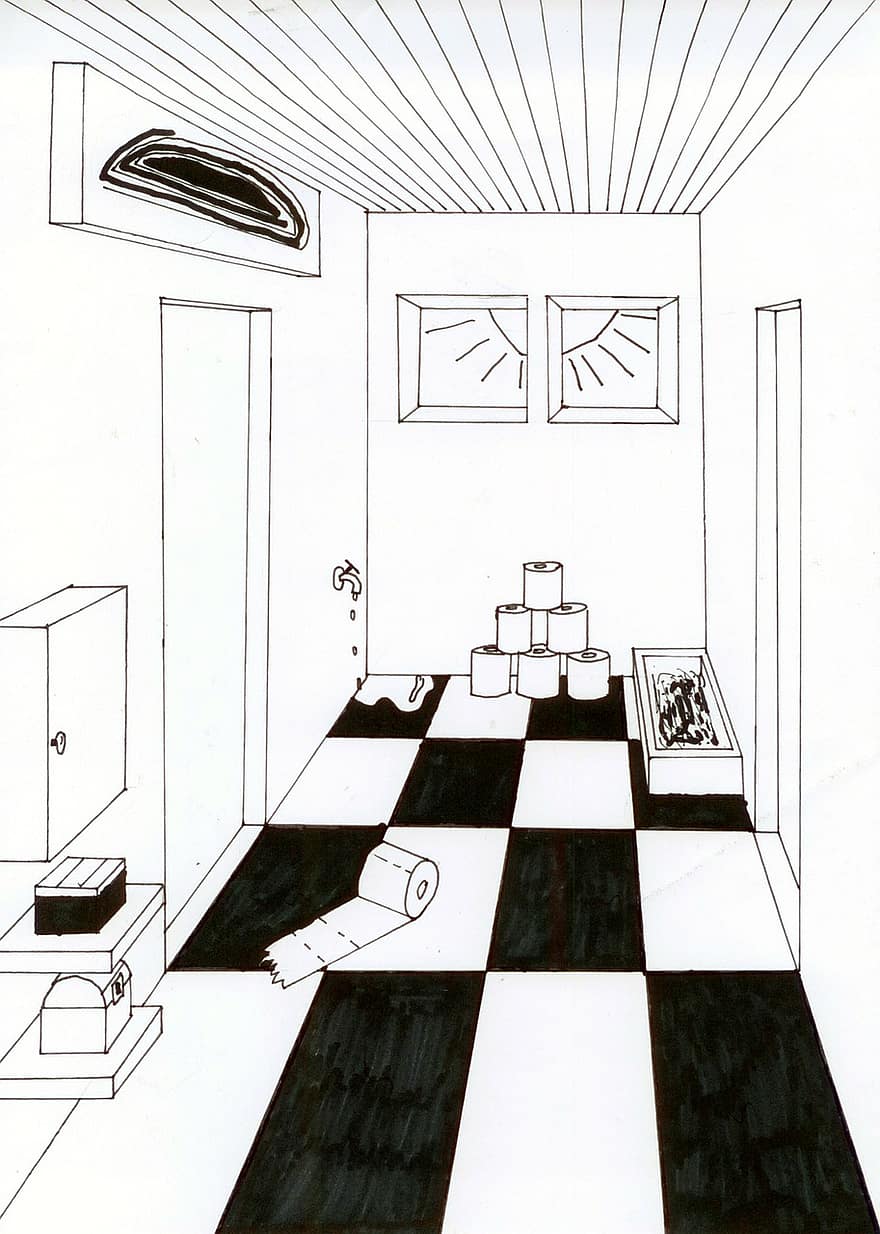 rum, försvinnande punkt, kattlåda, toalettpapper, plattor
