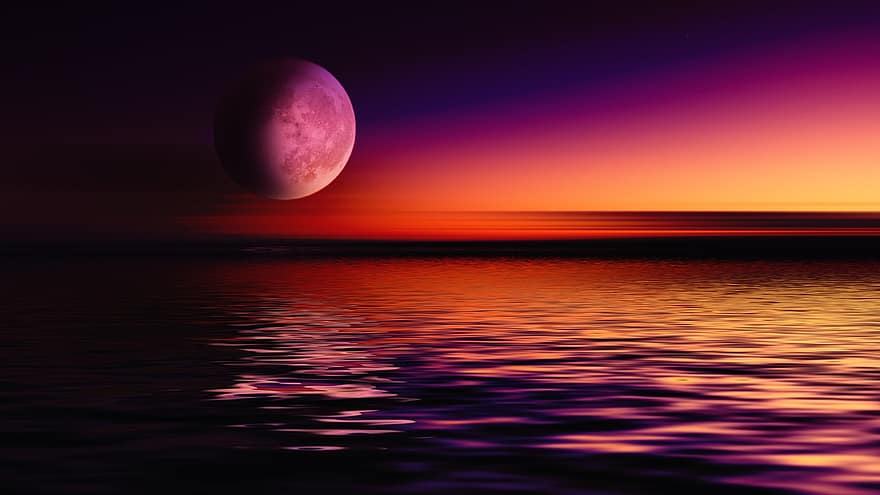 місяць, море, вечірнє небо, небо, післясвічення, вечірній, сутінки