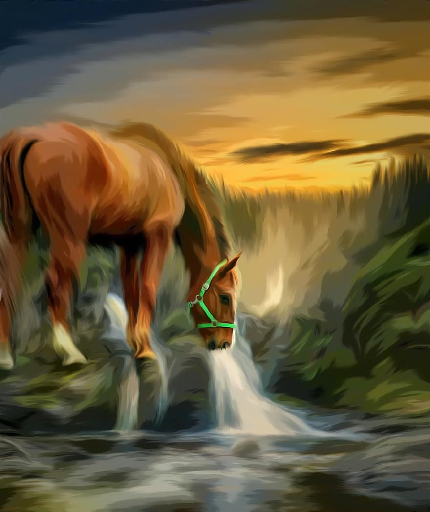 лошадь, водопад, пейзаж, животное, заход солнца, млекопитающее, картина, цифровая живопись