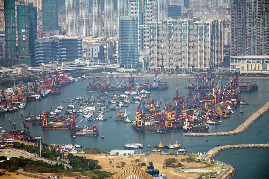 観光、スカイライン、アジア、中国、九龍、航海船、運送、商業ドック、産業用船、船、交通手段