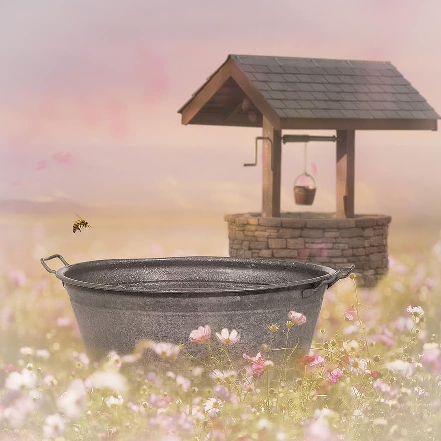 Flower Field, Wash Basin, Digital Background, Well, Summer, Fairytale, Background, Basin, Silver Basin, Bee, Flowers