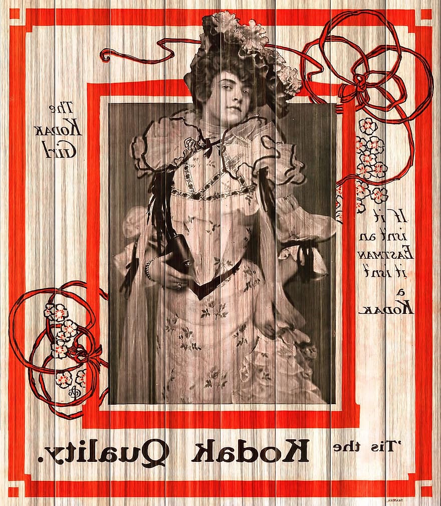 Viktorijos moteris, skelbimas, plakatas, Kodak mergina, plunksna, suknelė, mediena, skydelis, skydai, Senovinis, derliaus