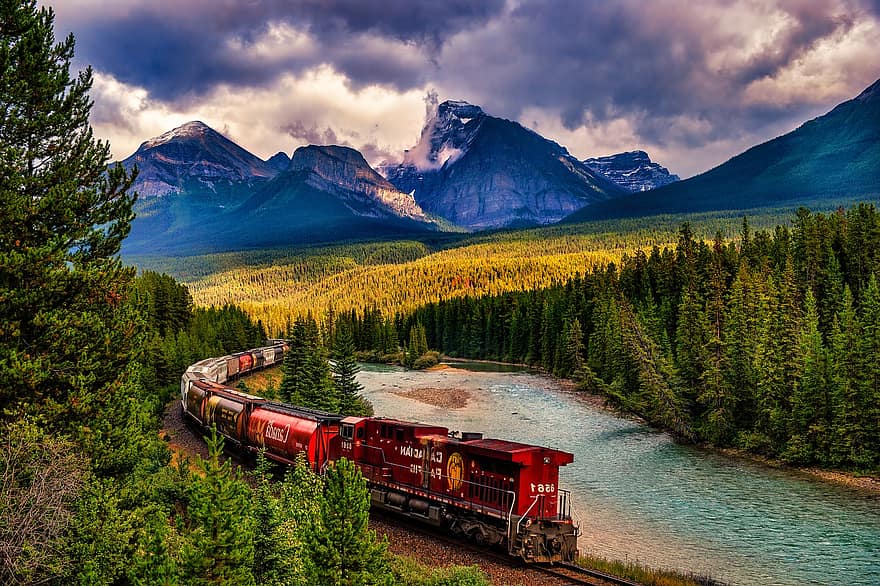 treno, Ferrovia, montagne, alberi, foresta, arco fiume, panoramico, paesaggio, Banff, montagna, viaggio