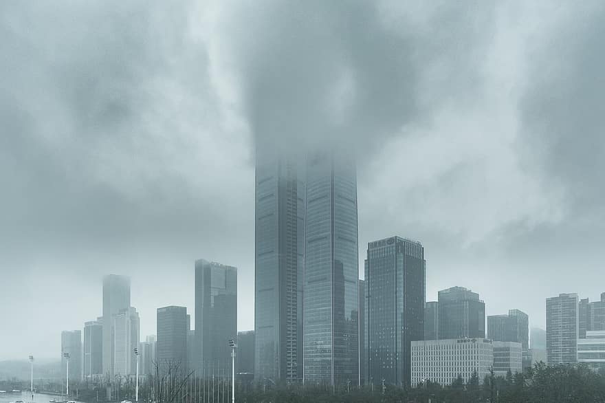 мъгла, сгради, град, силует, небостъргачи, градски пейзаж, градски, метро, многоетажна, високи сгради, офис сгради
