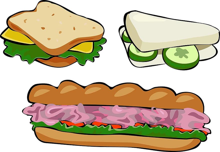 szendvicsek, falatozás, étkezés, kenyér, uborka, sajt, saláta, sonka, élelmiszer, szendvics, ebéd