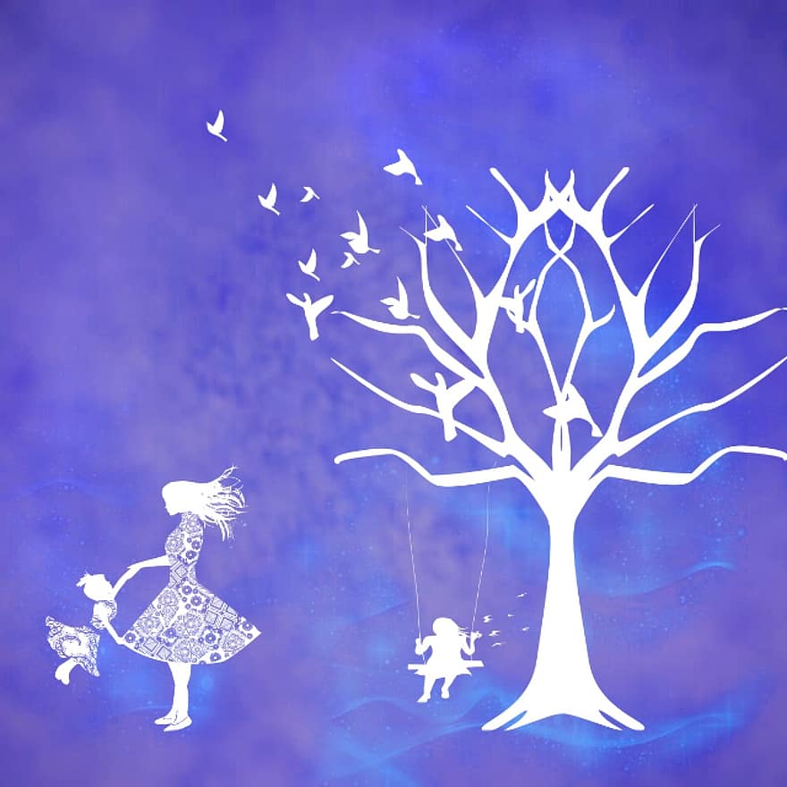 ребенок, дерево, мечты, играть, мысли, мистический, девушка, природа, из, смех, голое дерево