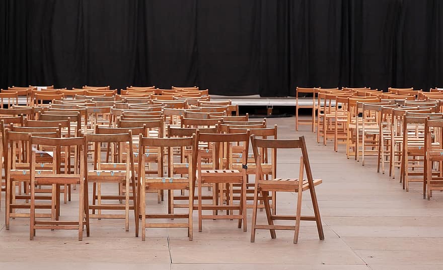 chaises, Festival, concert, pièce, chaise, siège, table, éducation, à l'intérieur, bois, salle